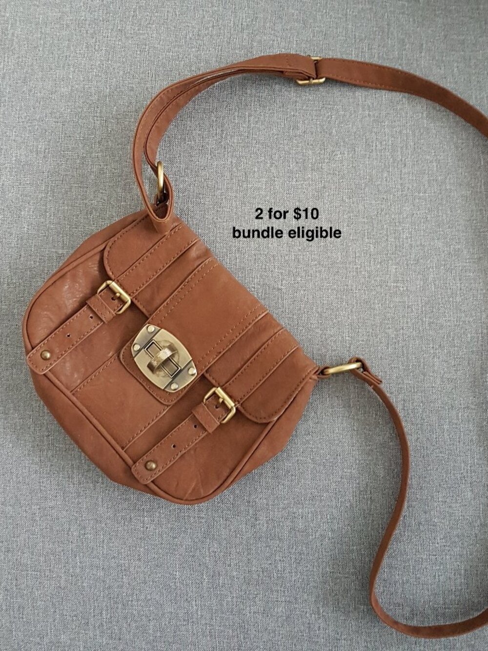d-fusion Cognac Saddle Crossbody Bag Faux Leather Turnlock Flap Boho Vintage